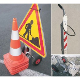 Road works sign and cones trolley